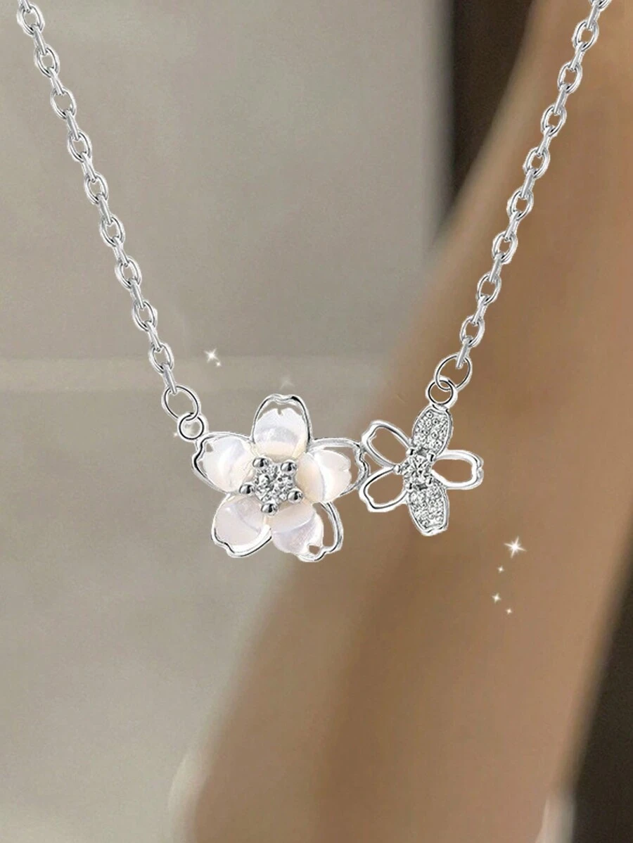 1 chiếc trang sức vòng cổ nữ đính đá Cubic Zirconia hình hoa anh đào tươi tắn, đơn giản, thanh lịch, tinh tế, thích hợp cho tiệc hẹn hò - Bạc - Xem 1