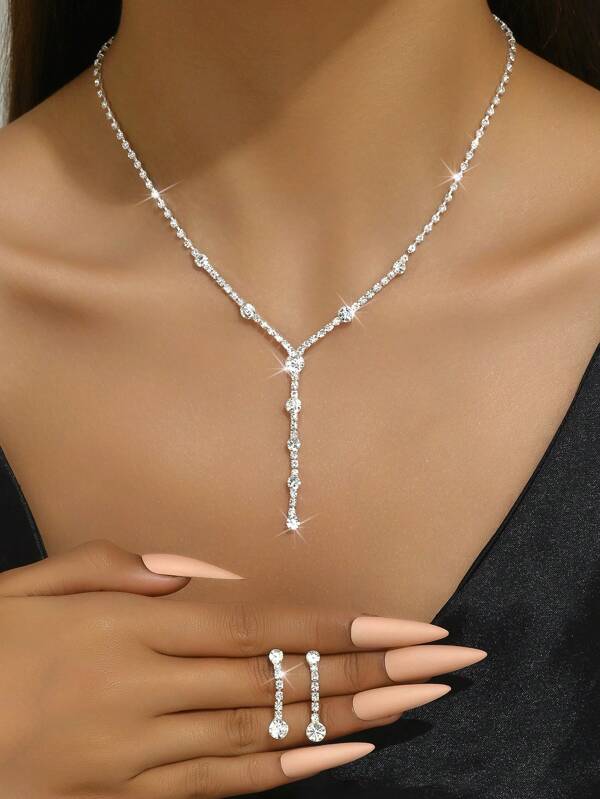 Jewelry Set, Basic Cz Rhinestone Women's Earrings And Necklace Set For Wedding, Sterling Silver