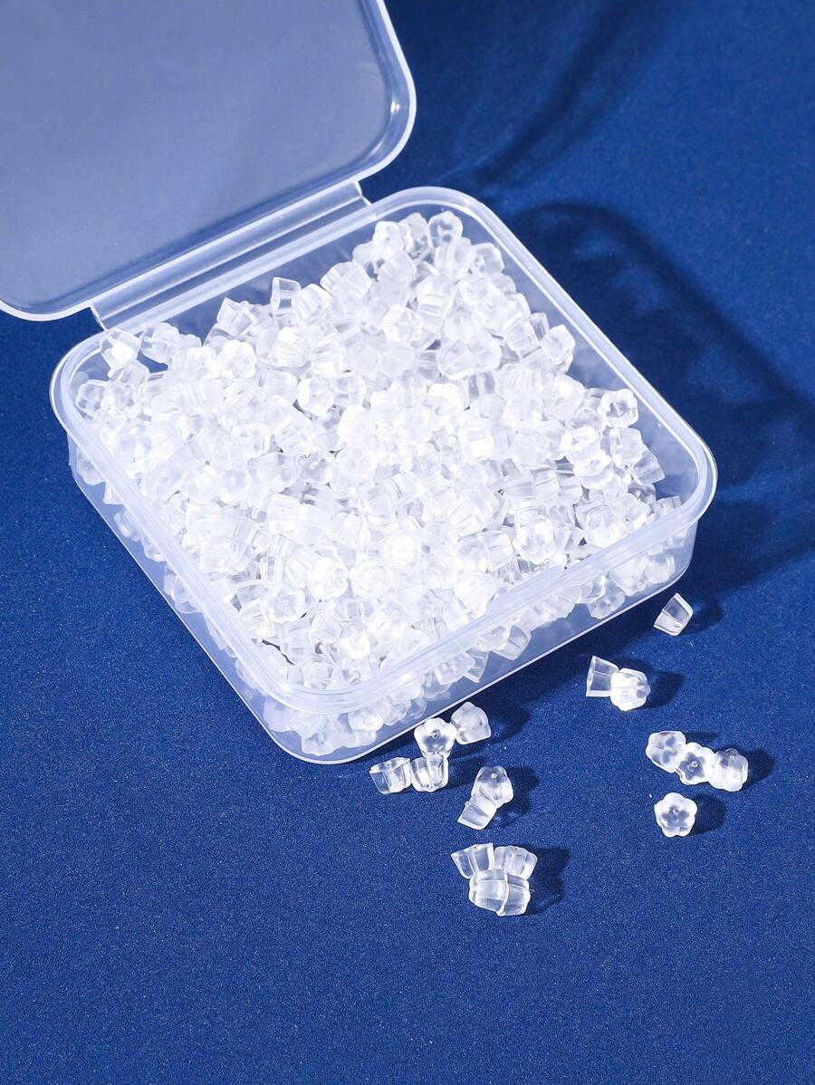 约300个硅胶透明花耳塞耳环配件适合女性日常佩戴（带盒），DIY珠宝配件防滑硅胶耳塞，塑料透明耳环