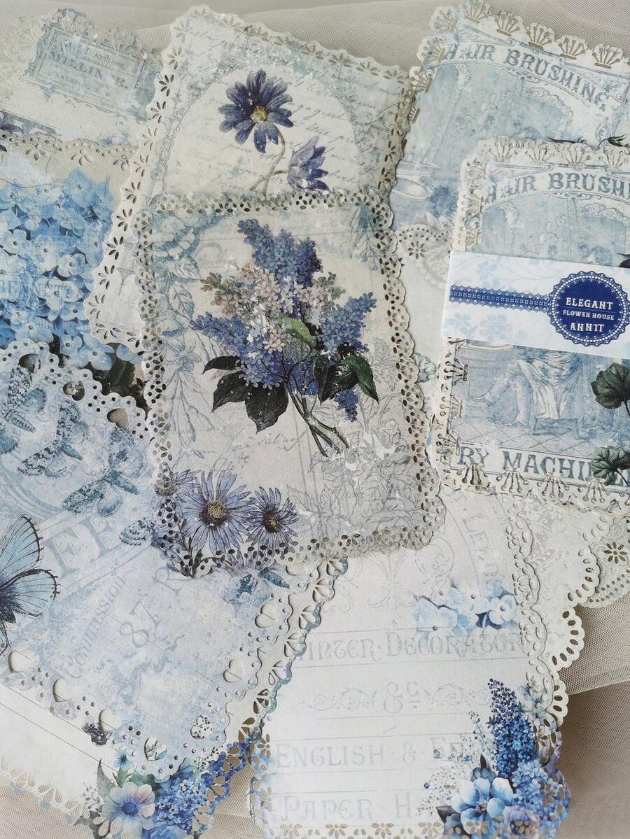 1 Paquete/10 Piezas De Material De Papel De Scrapbooking Con Patrón Vintage De Plantas Y Flores, Letras En Inglés Huecas Y Encaje - Multicolor - Ver 1