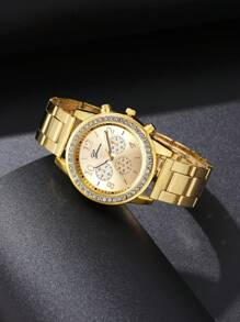 1pc Ladies Watch Gold Watch Ladies' Casual/Business Alloy Watch With Quartz Movement, Rhinestones And Steel Strap - Gold - View 3