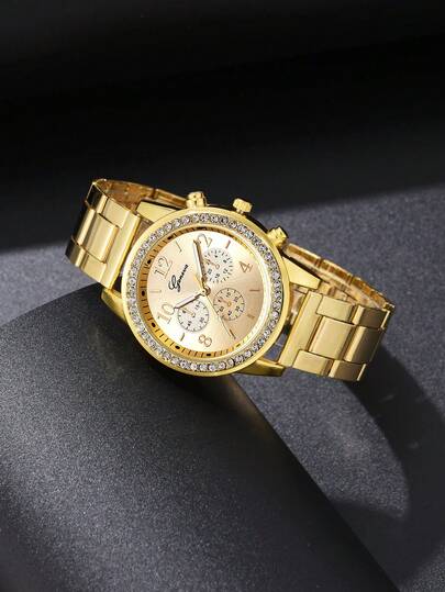 1pc Ladies Horloge Goud Ladies' /Business Alloy Quartz Movement, Rhinestones Steel Strap view 3