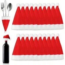 2入組聖誕老人帽餐具袋,聖誕派對餐桌裝飾,包括餐具、糖果、酒瓶、棒棒糖和聖誕樹