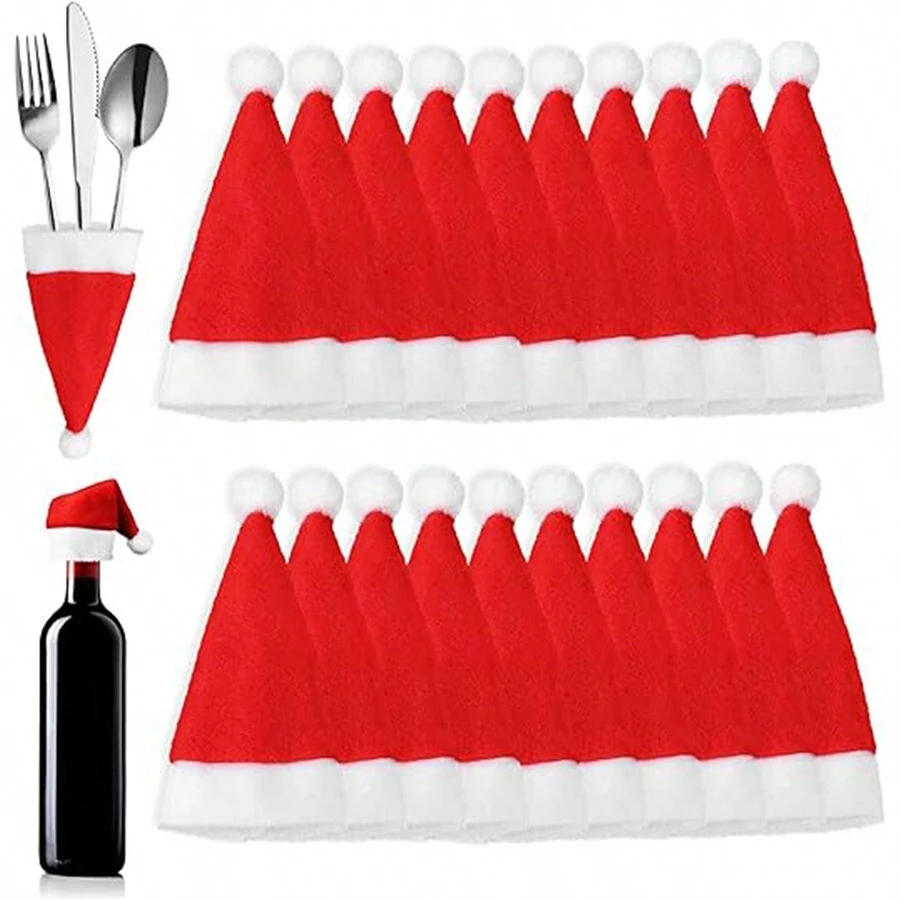 2入組聖誕老人帽餐具袋,聖誕派對餐桌裝飾,包括餐具、糖果、酒瓶、棒棒糖和聖誕樹