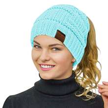 1pc Women Cable Knit Acrylic Thick Warm Soft Elasticity Ponytail Beanie For Cold Weather Outdoor Activities - Baby Blue - View 1