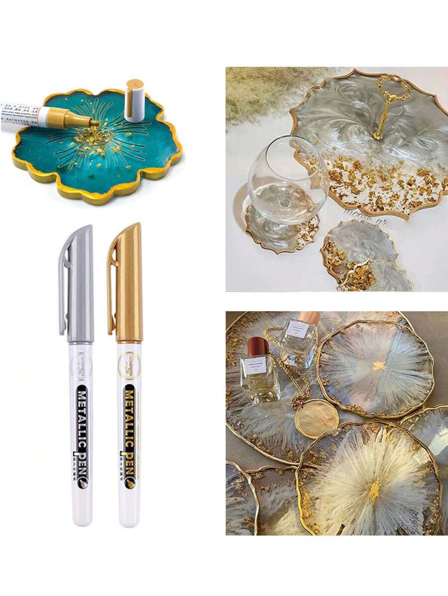 2pcs Metallic Color Craft Pen, Gold & Silver color Sign Pen, For Drawing, Sketching, Writing, Diy Gift Card Making Projects, Compatible With Acrylic Paint
