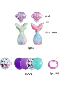 22pcs Mermaid Tail Themed Party Balloons, Cartoon Aluminum Foil Balloons For Birthday Decoration