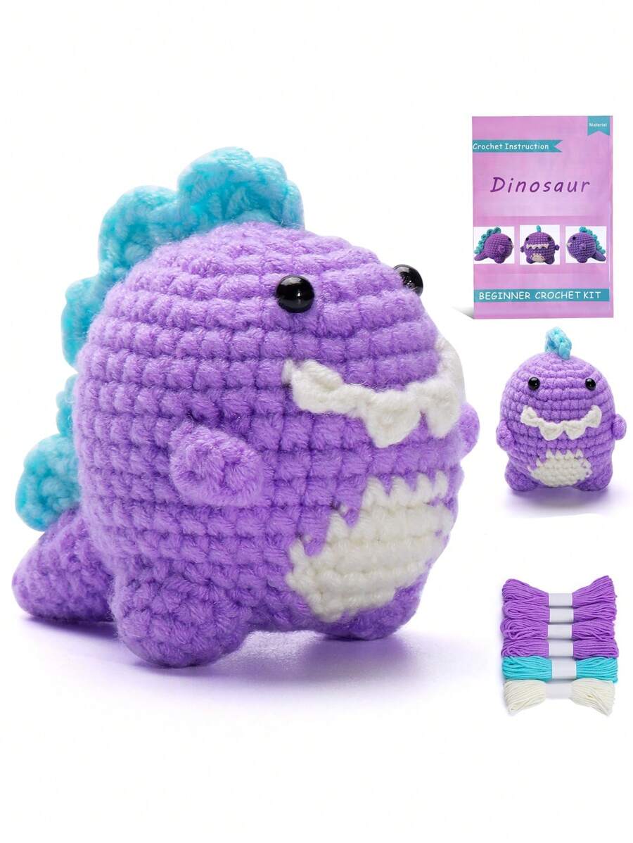 1set Purple Dinosaur Crochet Kit For Beginners, Including Yarn And Step-By-Step Instructional Video - Multicolor - View 1