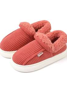 女式冬季加大號厚底絨面溫暖條紋室內拖鞋 - 紅色 - 查看 4