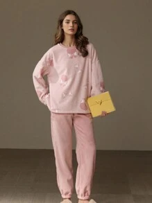 2 cái/bộ Của phụ nữ Lông cừu san hô Đồ ngủ , Mùa Thu /đông Dày lên Hoạt hình Trang phục mặc nhà Có thể Ngoài - Hồng - Xem 1