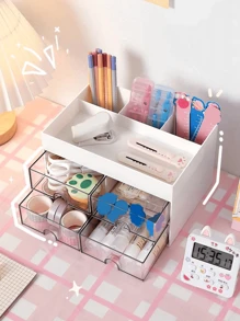 1 Pc High-Capacity Office Desktop Stationery Storage Box With Drawers, Sundries Deposit, Makeup Organizer - White - View 1