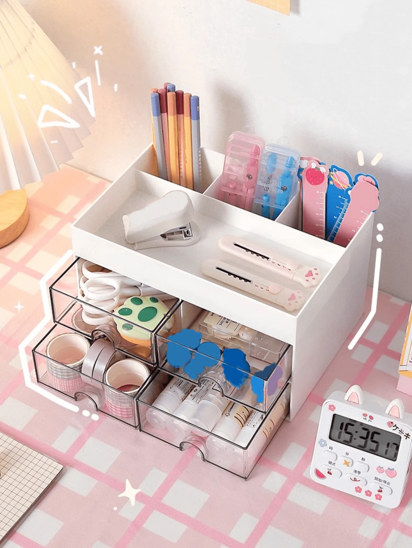 1 Pc High-Capacity Office Desktop Stationery Storage Box With Drawers, Sundries Deposit, Makeup Organizer - White - View 1