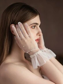 1 Pair Women's Faux Pearl Beaded Ruffle Trim Bridal White Gloves, Ideal For Wedding, Evening Party Dressing Up Autumn Accessories