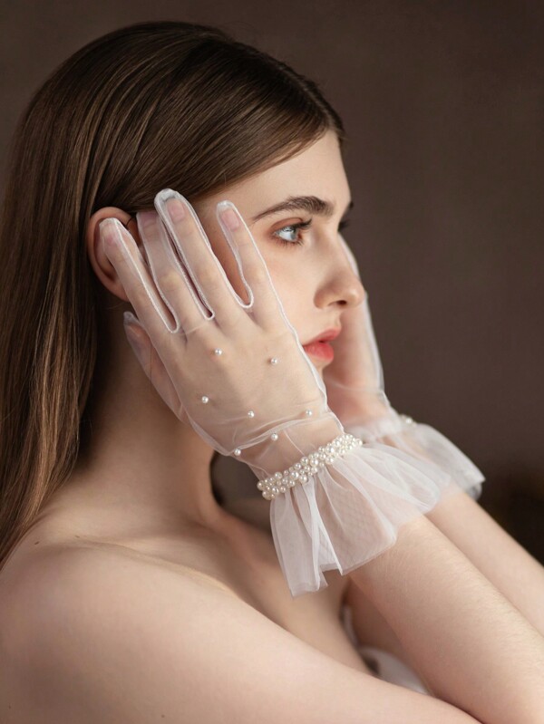 1 Pair Women's Faux Pearl Beaded Ruffle Trim Bridal White Gloves, Ideal For Wedding, Evening Party Dressing Up Autumn Accessories