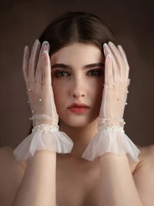 1 Pair Women's Faux Pearl Beaded Ruffle Trim Bridal White Gloves, Ideal For Wedding, Evening Party Dressing Up Autumn Accessories