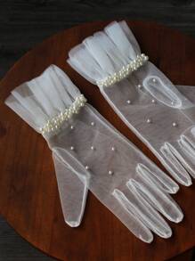 1 Pair Women's Faux Pearl Beaded Ruffle Trim Bridal White Gloves, Ideal For Wedding, Evening Party Dressing Up Autumn Accessories