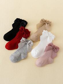 6pairs Baby Girls' Bubble Mouth, Bowknot & Lace Trim High Tube Socks - Multicolor - View 1