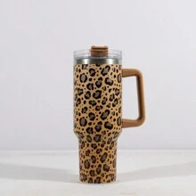 Leopard 40oz 带盖玻璃杯，星形和手柄，不锈钢真空隔热水瓶旅行杯，适用于冰咖啡、冷热茶和饮料，适合户外、露营 - 卡其色 - 查看 3