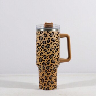 Leopard 40oz Tumbler With Lid, Starw And Handle, Stainless Steel Vacuum Insulated Water Bottle Travel Mug For Iced Coffee, Hot And Cold Tea, Beverages, For Outdoor, Camping