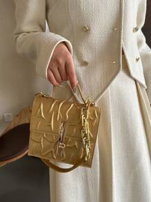 Women's Elegant Solid Color Embossed Flap Handbag, Versatile Solid Color Shoulder Bag, Suitable For Dates, Shopping, Gifts, Outings - Gold - View 2