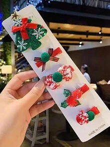 5入組兒童聖誕節紅綠色蝴蝶結球形髮夾,聖誕節裝飾品,適用於成人和兒童