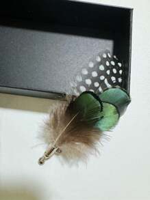 男士綠色羽毛蝴蝶領帶,婚禮、新郎、伴郎、商務、派對,贈品套裝及別針