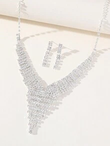 2 件套珠寶套裝,水鑽項鍊和耳釘,婚禮、派對新娘配件 - 銀色 - 查看 2