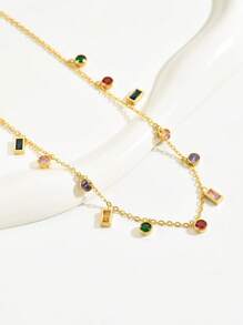 1 件时尚水钻装饰不锈钢彩色吊坠项链，精致百搭的奢华颈链，适合女士 - 銀色 - 查看 5