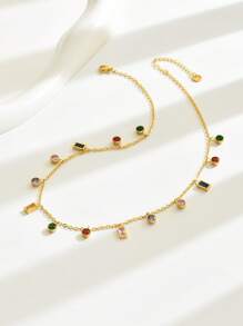 1 件时尚水钻装饰不锈钢彩色吊坠项链，精致百搭的奢华颈链，适合女士 - 銀色 - 查看 6