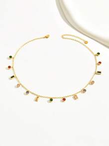 1 件时尚水钻装饰不锈钢彩色吊坠项链，精致百搭的奢华颈链，适合女士 - 銀色 - 查看 7