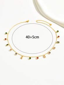 1 件时尚水钻装饰不锈钢彩色吊坠项链，精致百搭的奢华颈链，适合女士 - 銀色 - 查看 8