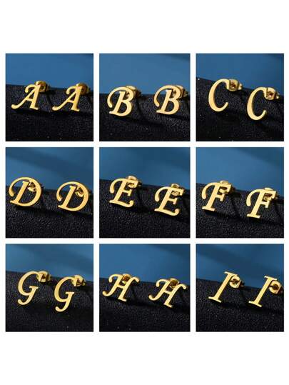 1pair Stainless Steel Simple Gold Plated 26 Alphabet Stud Earrings, Choose The Letter