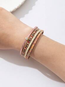 1 件時尚簡約 Pu 皮革編織和水鑽裝飾多層手鍊,帶有磁扣,適合女士,適合派對,也可作為送給家人和朋友的珠寶禮物。 - 金色 - 查看 2