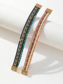 1 件時尚簡約 Pu 皮革編織和水鑽裝飾多層手鍊,帶有磁扣,適合女士,適合派對,也可作為送給家人和朋友的珠寶禮物。 - 金色 - 查看 4