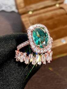 2 Cái/Bộ Thời trang Màu xanh lá Khối Zirconia  Bộ nhẫn Đối với phụ nữ Cho đám cưới Hôn ước Tiệc kỷ niệm Ban nhạc Đồ trang sức Ngày lễ tình nhân Qủa tặng - Hoa hồng vàng - Xem 2