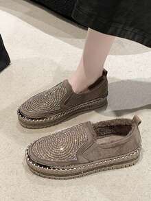 水鑽樂福鞋女平底鞋秋冬保暖休閒鞋厚底平底軟底大尺碼青蛙情侶鞋 - 卡其色 - 查看 4