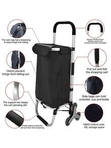 Valentine'S Day Grocery Cart On Wheels,Folding Shopping Cart With Extended Handle,Utility Carts With Waterproof Carrying Bag,Multifunction Lightweight Stair Climbing Cart - 黑色 - 查看 3