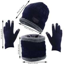 Navy Blue 3pcs/Set Plain Touchscreen Gloves, Hat, Scarf Winter Set - Navy Blue - View 2