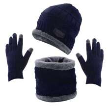 Navy Blue 3pcs/Set Plain Touchscreen Gloves, Hat, Scarf Winter Set - Navy Blue - View 4