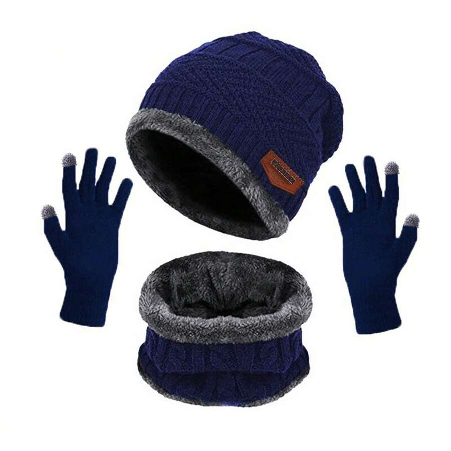 Navy Blue 3pcs/Set Plain Touchscreen Gloves, Hat, Scarf Winter Set - Navy Blue - View 1