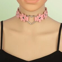 1pc Gothic Choker Collar Necklace With Pu Leather Strap And Metal Chain Design - Flower love necklace - View 10