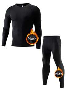 秋冬男士运动服套装 - 速干保暖内衬上衣和高弹紧身裤，适合跑步和训练健身服男士 - 黑色 - 查看 1