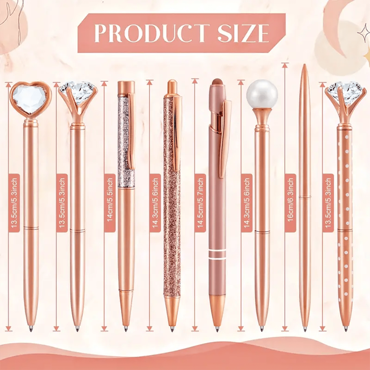 8pcs Rose Golden Pens Crystal Heart Diamond Shape Ballpoint Pen for