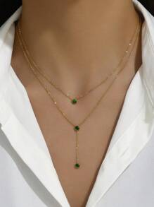 綠鋯裝飾多層 Y 型時尚不銹鋼項鍊 - 綠色 - 查看 3