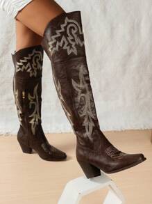 Botas Vaqueras De Invierno Para Mujer Con Tacón Alto, Tacón Grueso, Punta Cuadrada, Bordado Y Longitud Hasta La Rodilla, Marrón - Marrón - Ver 2