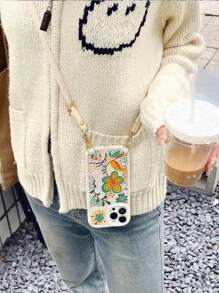 1pc Flower Floral Print Soft Tpu Phone Case + 1pc Adjustable Crossbody & Retractable Hanging Rope - Multicolor - View 1
