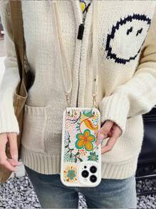1pc Flower Floral Print Soft Tpu Phone Case + 1pc Adjustable Crossbody & Retractable Hanging Rope - Multicolor - View 4