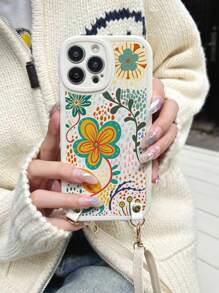 1pc Flower Floral Print Soft Tpu Phone Case + 1pc Adjustable Crossbody & Retractable Hanging Rope - Multicolor - View 5