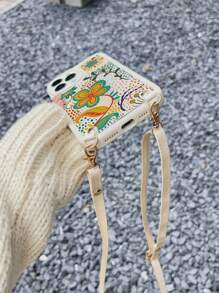 1pc Flower Floral Print Soft Tpu Phone Case + 1pc Adjustable Crossbody & Retractable Hanging Rope - Multicolor - View 3