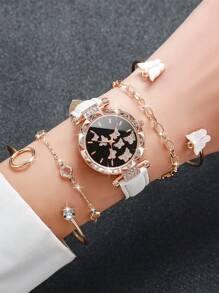 5入組流行時尚女士石英手錶,具有蝴蝶表盤和鑲有鑽石的蝴蝶皮帶,配有蝴蝶手鍊 - 白色 - 查看 1